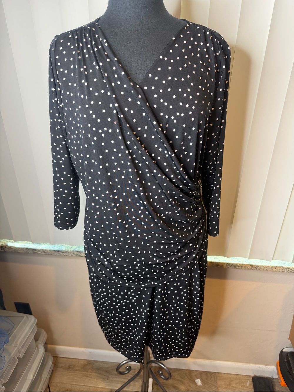 Ellen Tracy Black Polka Dot Faux Wrap-Style Women's Dress Size XL